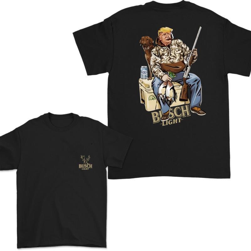 Hunter Trump With Busch Light Beer 2 Sided T-shirt, Trump and Your Hunting Dog T-shirt Full Color For Men and Women, Hunting Season T-shirt