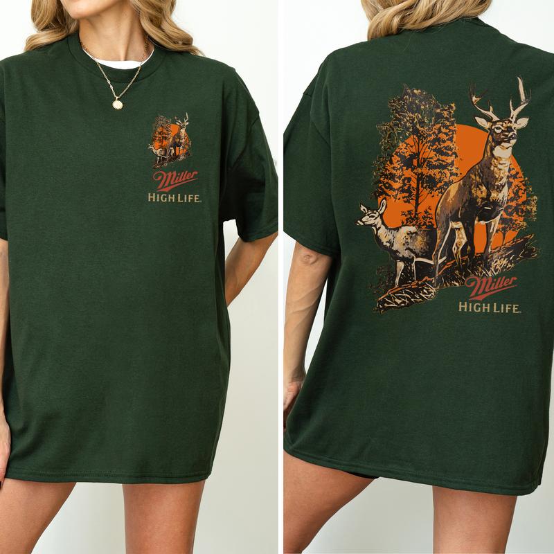Vintage Miller High Life Deer Hunting 2-Sided Shirt, Men's Buck Hunting T-shirt, Unisex Hunter Tops, Beer Drinking Tshirt, Casual Cotton Womenswear