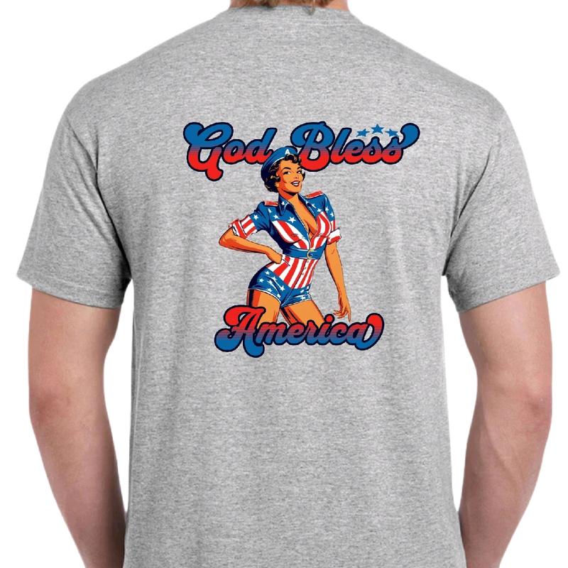 God Bless America Pinup Girl Men's T-Shirt in Cotton - Menswear Tshirt Top Casual Crewneck