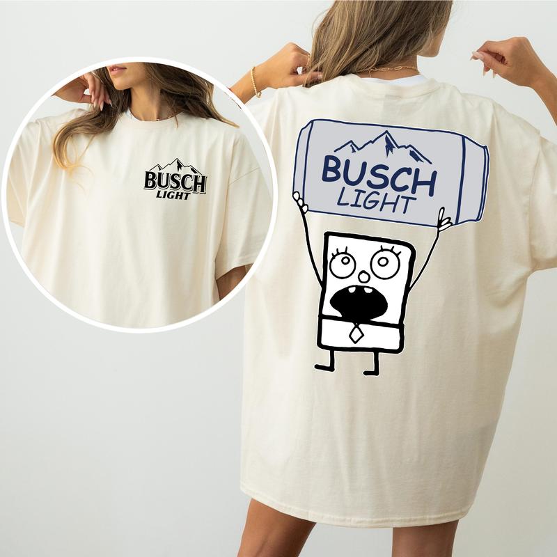DoodleBob Busch Light Unisex T-Shirt, Funny Doodlebob Beer Graphic 2 Sided Shirt, Vintage Drink T-Shirt, Drinking Tshirt for Men, Comfort Cotton Fabri