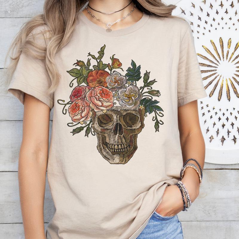 Skull Tee Sarcastic T-Shirt Floral Skeleton Tshirt Girly Skull Tops Floral Skull T-Shirt Short Sleeve Shirt Womens Casual Tee Trending Rocker Tee Craz
