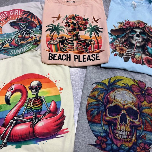 Beach Tshirts Summer Skull T-Shirts Beach Skeleton Tees Skull Floral Tshirts Beach Please Skull Tee Womens Summer Vacation Rocker Tshirts F