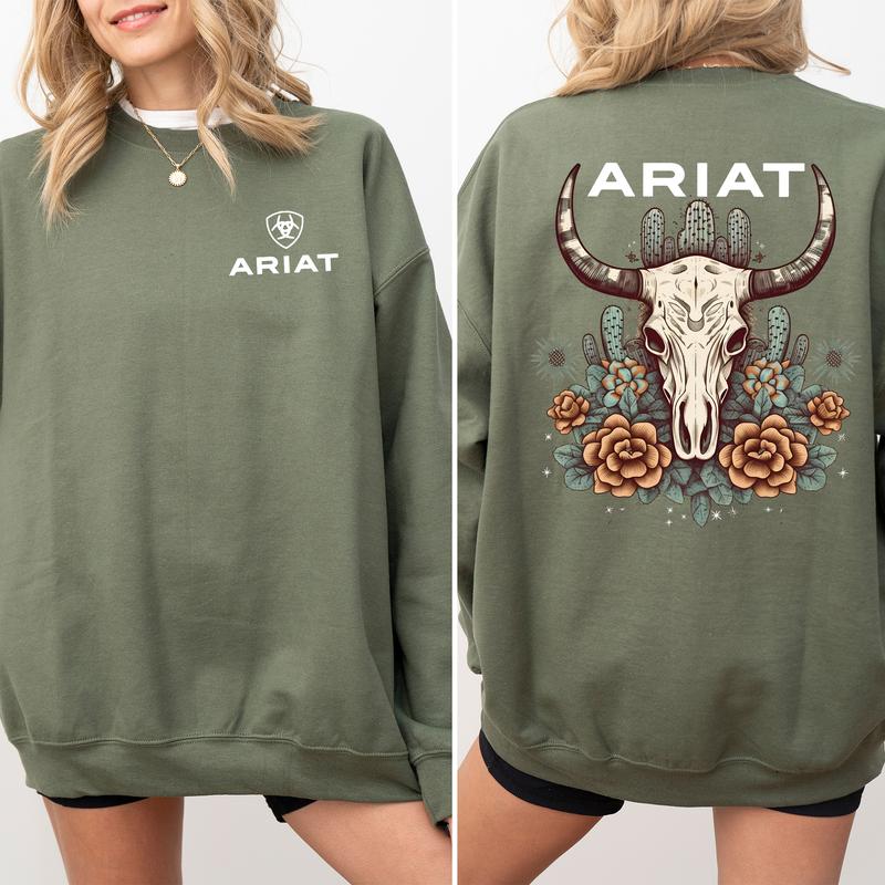 Vintage Ariat Floral Bull Skull 2-Sided Sweatshirt, Western Cowboy Crewneck, Country Cowgirl Sweater, Boho Women's Tops, Casual Cotton Womenswear
