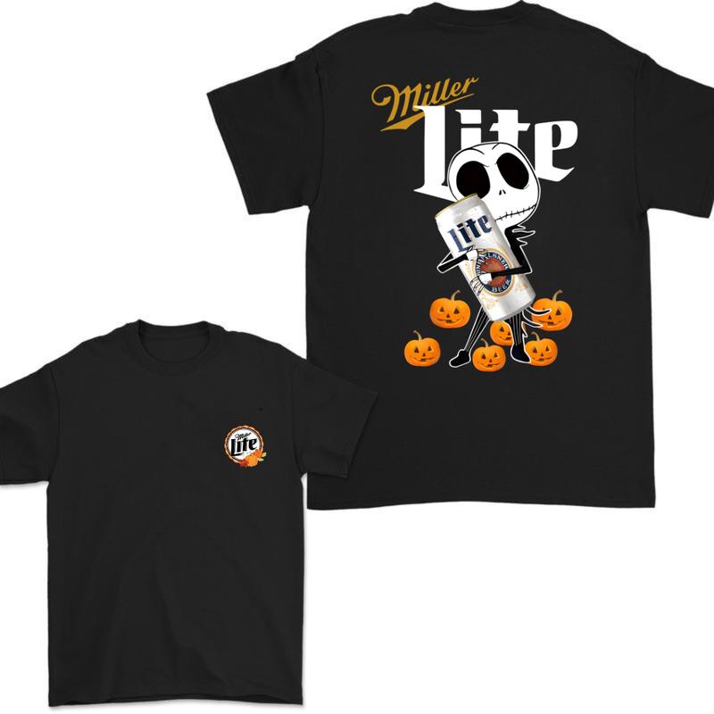 Jack Hug Miller Lite Skellington Halloween 2 Sides T-shirt, Skeleton Miller Lite T-shirt Full Color, Miller Lite Halloween T-shirt For Men And Women