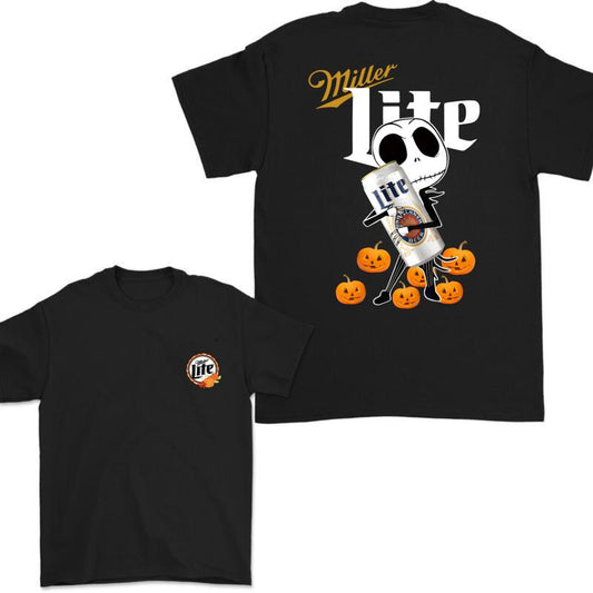 Jack Hug Miller Lite Skellington Halloween 2 Sides T-shirt, Skeleton Miller Lite T-shirt Full Color, Miller Lite Halloween T-shirt For Men And Women
