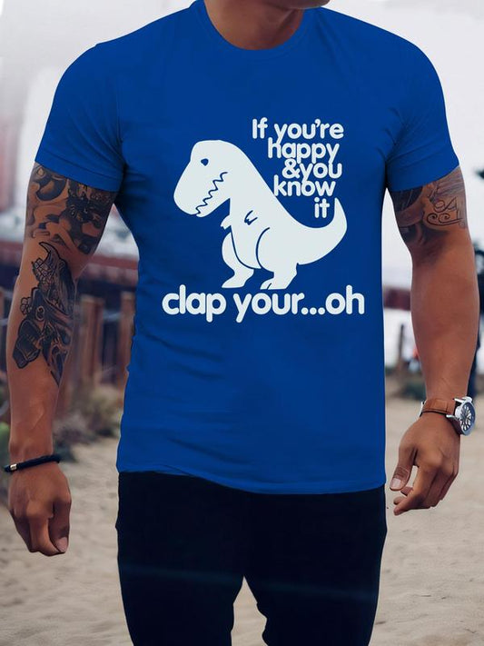 Men's Regular Fit Dinosaur & Letter Print Round Neck Tee, Summer Clothes, Casual Soft Comfy Graphic Short Sleeve T-shirt for Summer, Slogan Tees, Men'