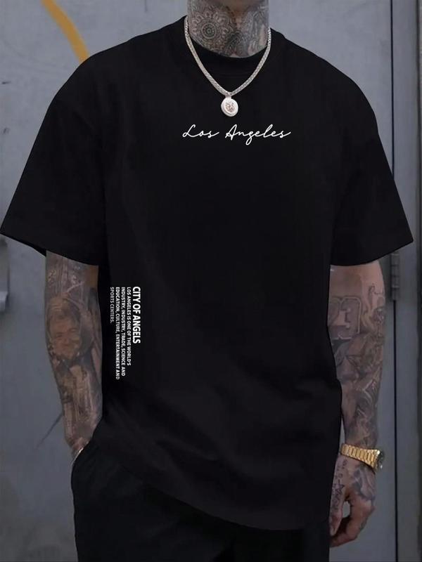 Men's Letter Print Drop Shoulder Tee, Summer Clothes, Regular Fit Casual Soft Comfy Streetwear Round Neck Short Sleeve T-Shirt for Summer, Graphic Tee