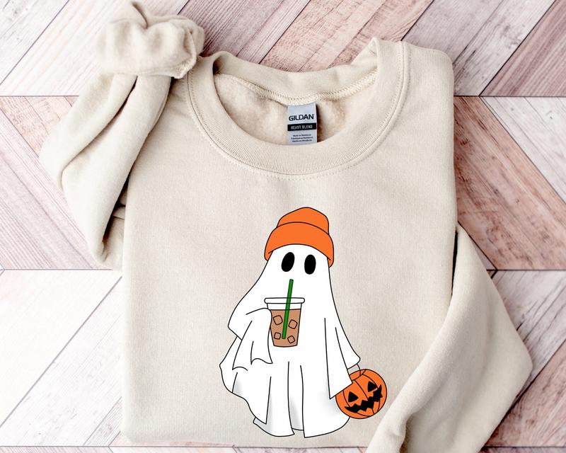 Cute Ghost Drinking Coffee Crewneck Sweatshirt, Hoodie, T-shirt