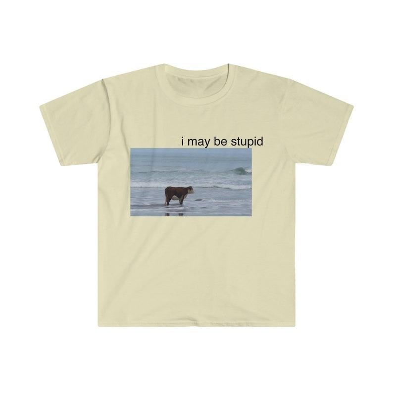 I May Be Stupid Cow on Beach Funny Meme TShirt Menswear Top