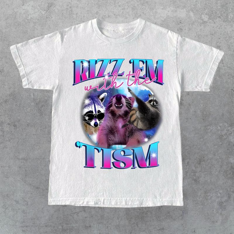 Rizz Em With The Tism Retro Shirt, Vintage Funny Raccoon Graphic Shirt, Autism Awareness, Raccoon Meme Tee, Relaxed Soft Cotton Shirt