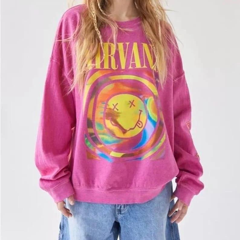 Nirvana Smiley Face Sweatshirt, Nirvana Aesthetic Unisex Crewneck Sweatshirt, Smile Tee Heliconia Pink Sweatshirt, Trendy Pink Nirvana Shirt