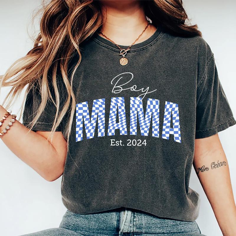 Boy Mama Est. 2024 Shirt, Boy Mom Shirt, Checkered Boy Mama Tee, Mom Graphic Printed Short Sleeve Tee Shirt, Women Cotton Fabric Comforts Shirts, Wome