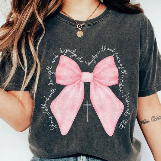 Coquette Christian Shirt, Proverbs She is Clothed with Strength Coquette Bow T-Shirt, Christian Sweatshirt, Christian Shirts For Women, Coquette Bible