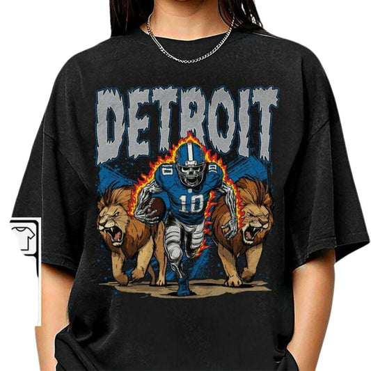 Detroit Football Skull Shirt, Retro Vintage Skeleton Lions Football Player Gift Unisex Shirt Classic Cotton Fabric Collar Decoration Menswear
