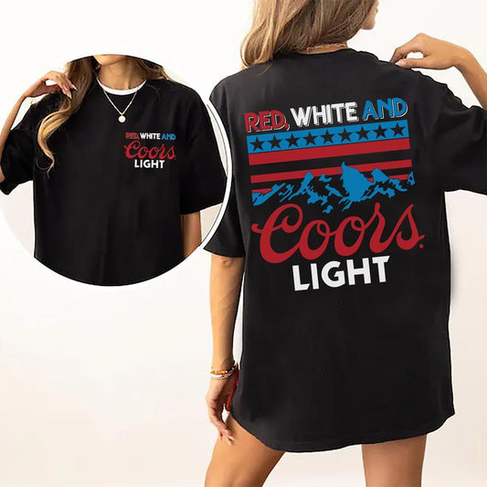 Red White And Coors Light 2 Sided Cotton T-Shirt Graphic 2 Sided Shirt, Comfort Clothing, Cotton Fabric Tshirt, Printed Women's Top, Casual Womenswear