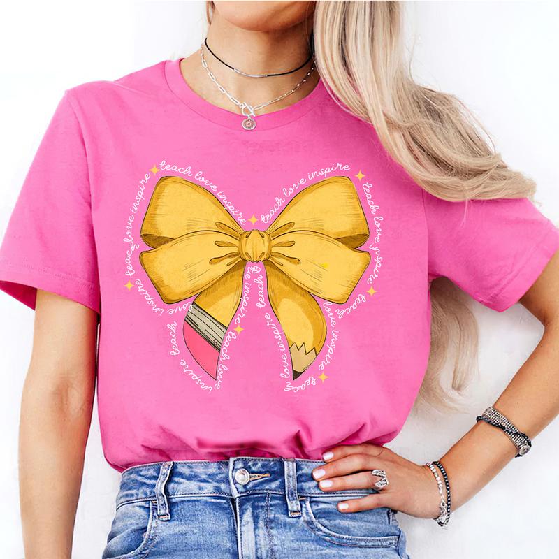Coquette Teacher Shirt, Pencil Bow Teacher Graphic Tee, Back To School Outfit, First Day Of School, Gift for Teacher, Teacher Crew Matching Shirt Casu