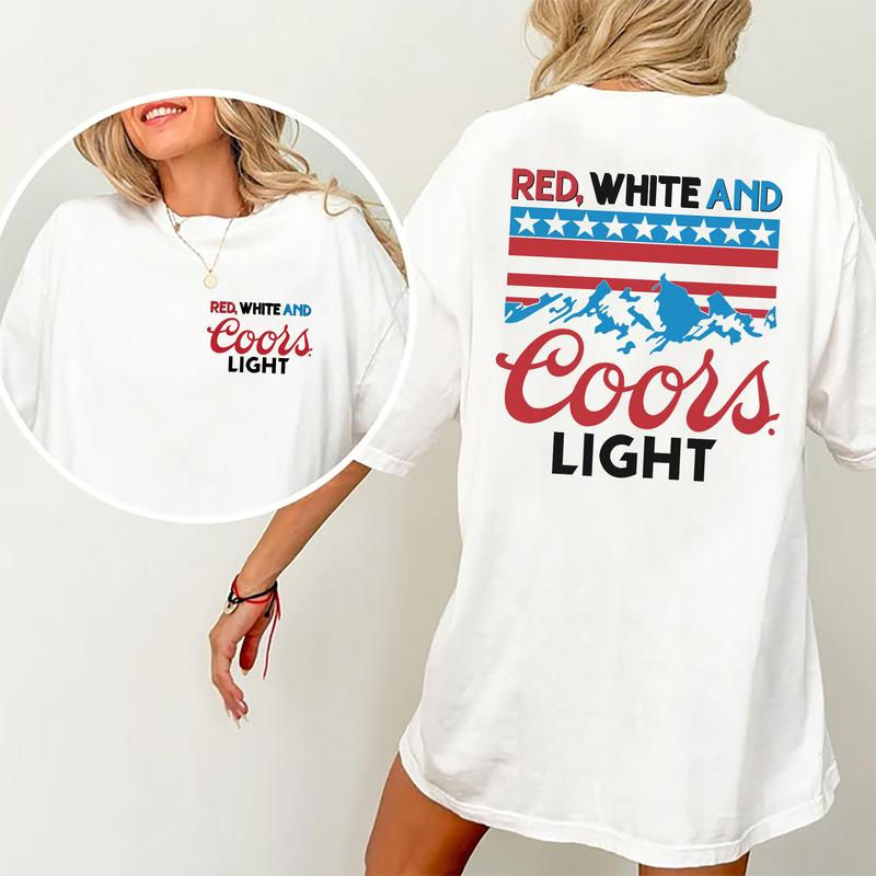 Red White And Coors Light 2 Sided Cotton T-Shirt Graphic 2 Sided Shirt, Comfort Clothing, Cotton Fabric Tshirt, Printed Women's Top, Casual Womenswear