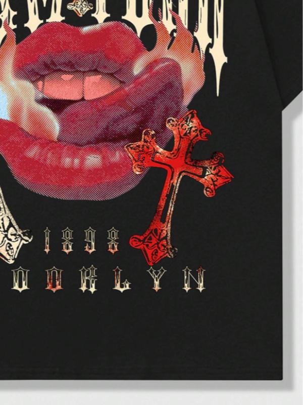 Men's Regular Fit Cross Graphic Round Neck Tee, Lips & Letter Print Short Sleeve T-shirt for Daily Wear, Fashion Casual Men's Clothes for All Seasons
