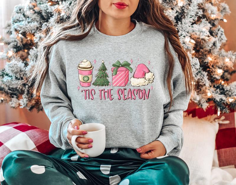 Cute Pink Christmas Sweatshirt, Tis the Season Pink Christmas Sweatshirt, Thanksgiving 2024, Shirt Christmas Coffee, Women's Pink Christmas Crewneck S