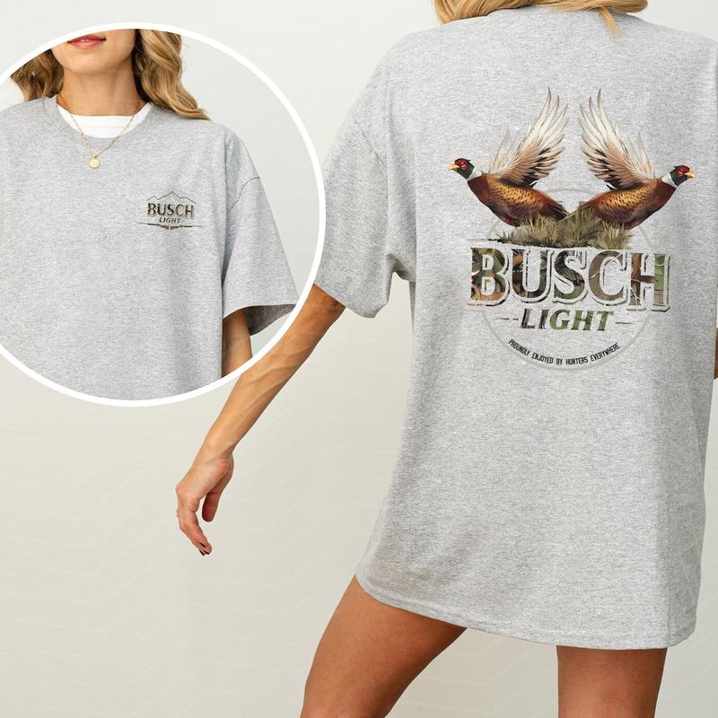 Busch Light Pheasant Hunting 2-Sided Graphic Shirt, Vintage Hunting Tees for Men, Bird Hunt Tee, Unisex Hunter Tops, Cotton Fabric Casual Womenswear