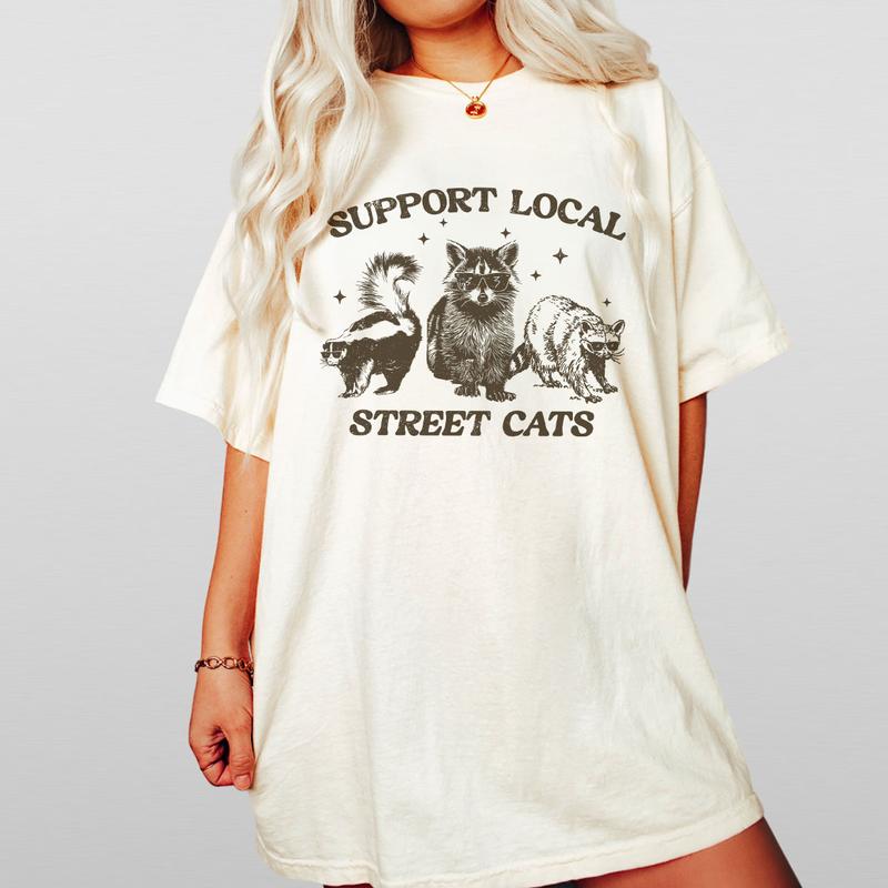 Support Your Local Street Cats Graphic T-Shirt, Retro Unisex Adult T Shirt, Vintage Raccoon T-Shirt, Nostalgia Shirt, Relaxed Cotton Tees, Raccoon Lov