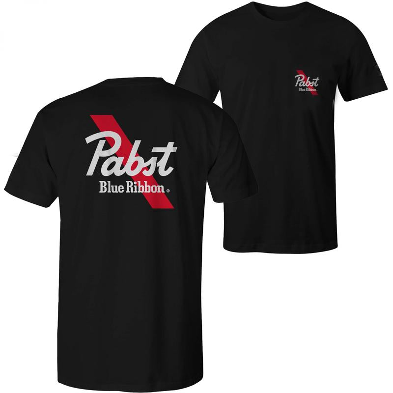 Pabst Blue Ribbon Logo Text Front And Back Print T-shirt - Minimalist Chic - Universal Appeal Garments - Full Color Range - Every Style Imaginable - S