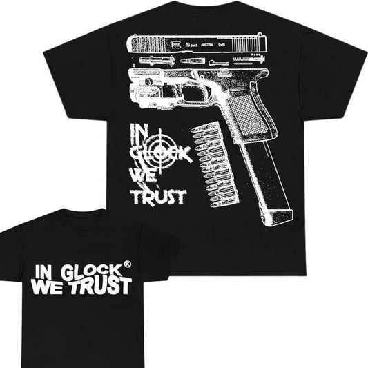 In Glock We Trust Limited Edition Double Sided Print T-Shirt - Classic Width and Collar for Men and Women - Design color Black and White , Cotton Mens