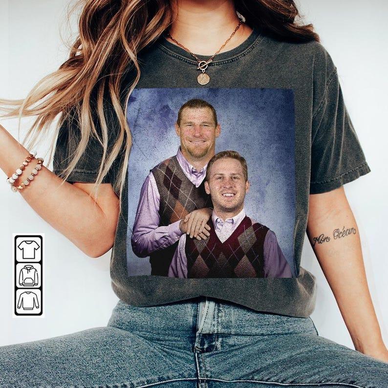 Jared Goff Dan Campbell Detroit Football Shirt, Lions Step Bros tshirt, Football 90s Fan Gift Classic Collar Cotton Fabric Top Decoration Graphic