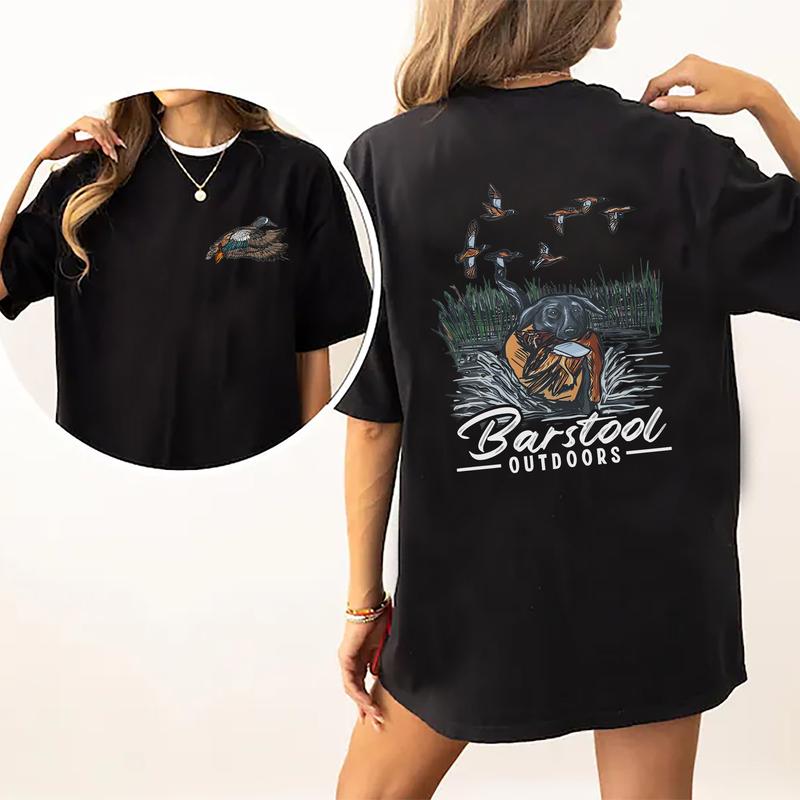 Vintage Barstool Outdoors Duck Hunt 2 Sided Shirt, Mallard Hunting Tshirt, Unisex Graphic Printed Tee, Cotton Shortsleeve Casual Womenswear, Daily Wom