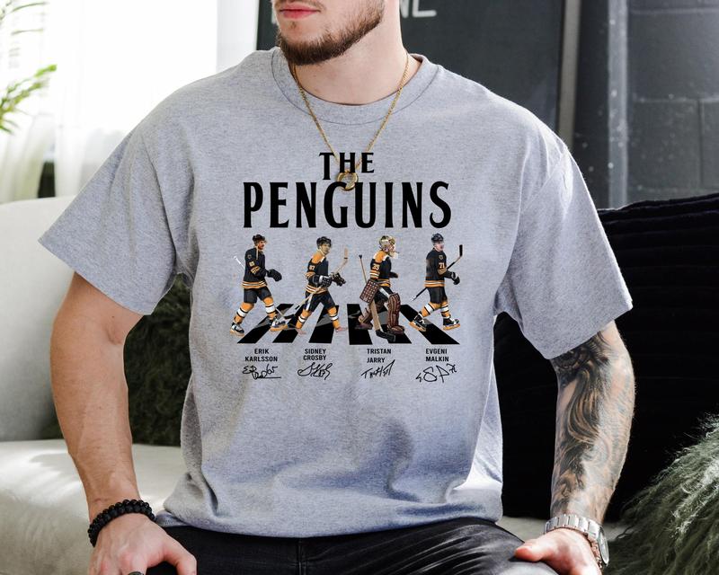 Penguins Walking Abbey Road Signatures Ice Hockey tshirt Menswear T-Shirt Classic Cotton Fabric Jersey Top Collar