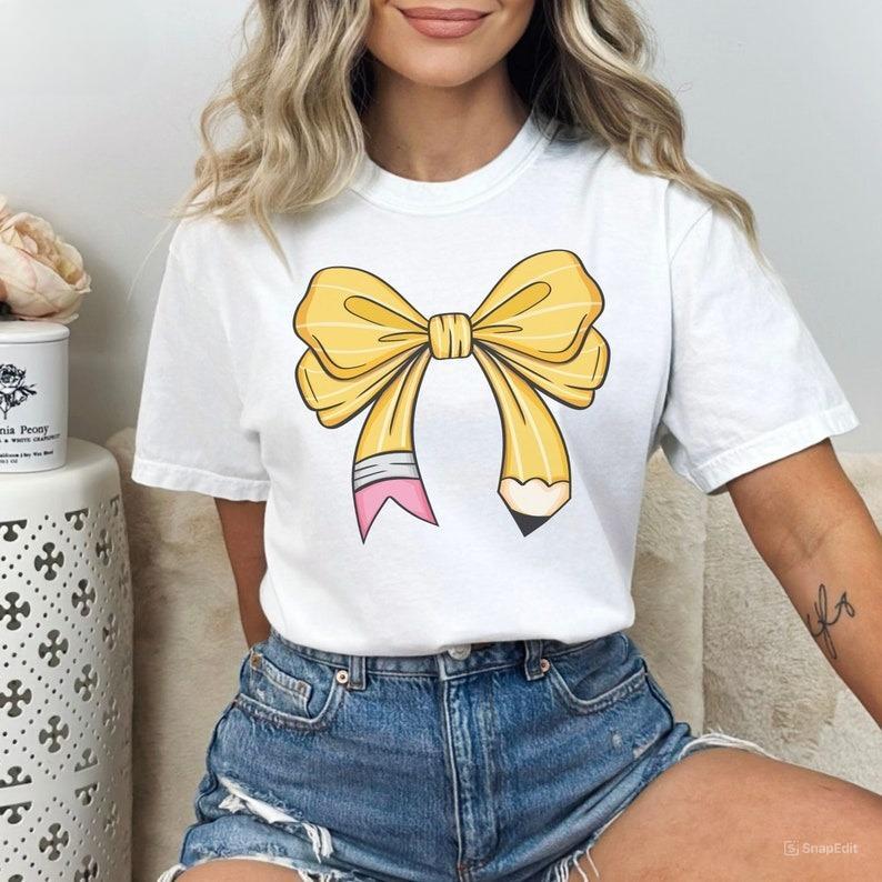 Coquette Teacher Shirt, Coquette Pencil Bow T-Shirt Sweatshirt, Back to School Tee, Appreciation Gift, Elementary Teacher Gift,  Full Color, Printed I