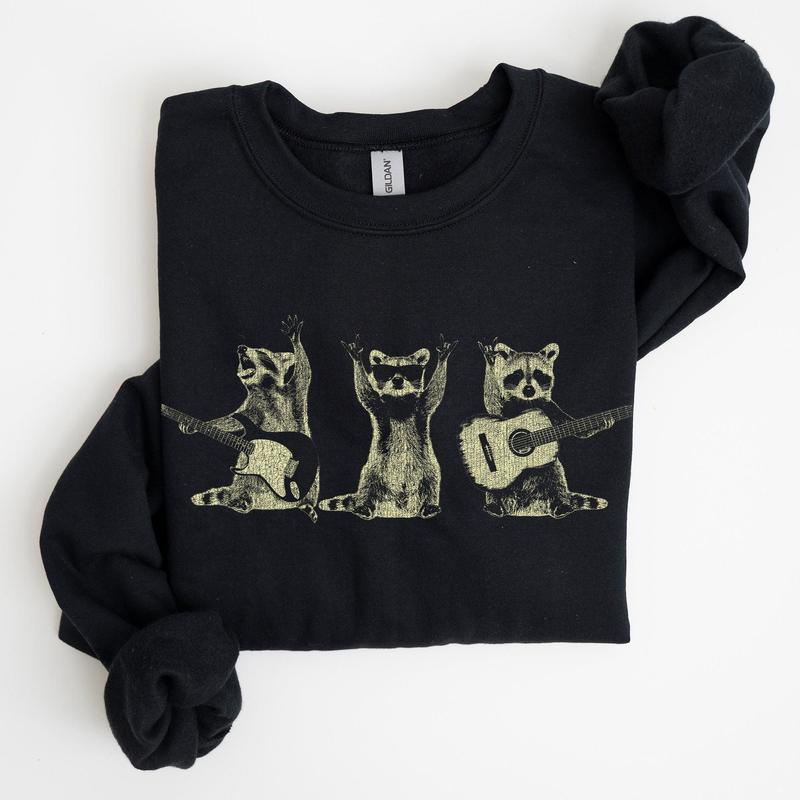 Raccoon Band, Playing Guitar, Funny Animals Sweatshirt, Crew Neck, Crewneck, Soft Unisex Graphic Casual Casual Comfort Womenswear ComfortableÂ Graphic