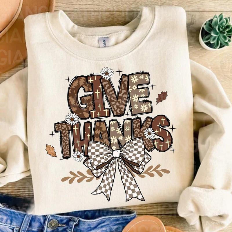 Give Thanks Thankful Fall Coquette Bow Crewneck Sweater, Jesus Fall Bible Verses Bithank Unisex Shirt