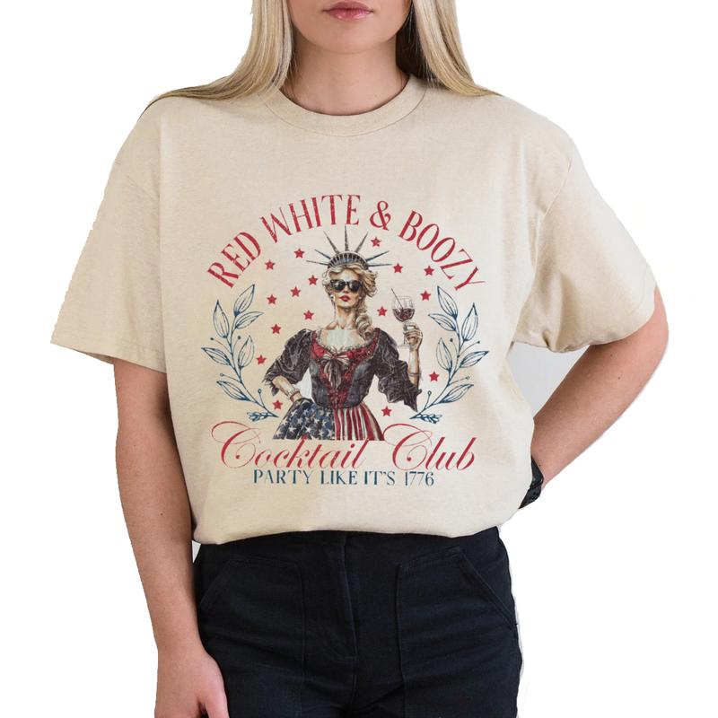 Red White and Boozy Cocktail Club Tshirt, 4th of July Lady T-Shirt Unisex Classic Cotton Collar