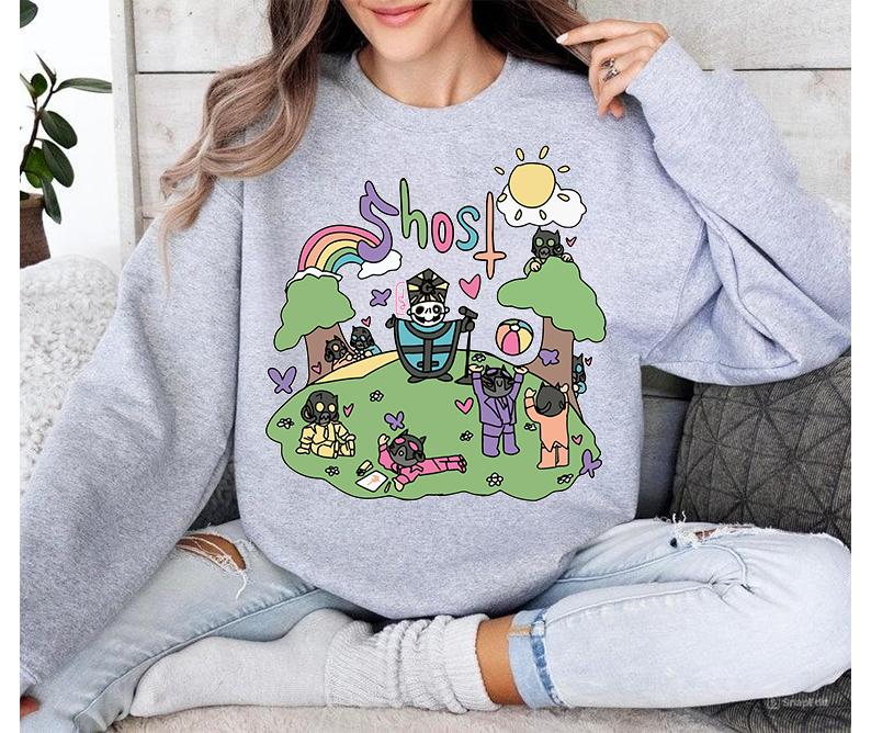 Ghost Band Rainbow Sweatshirt Funny Vibes Cozy Crewneck Sweater Ghost Metal Band