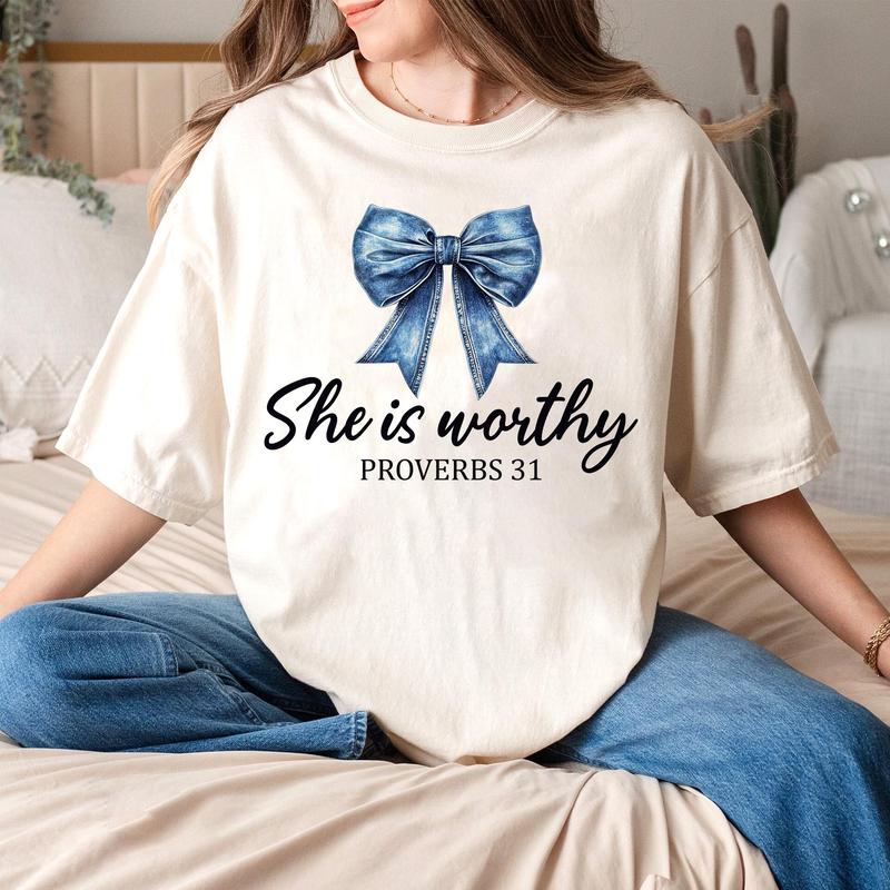 She is Worthy Bow Tee, Women's Christian Shirts, Cute Christian Coquette Sweatshirt, Girly Faith Shirt