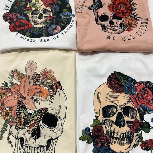 Skull Tshirts Painted Skull Tees Painted Floral Skull Tops Floral Skull  T-Shirts Womens Floral Skulls Tops Skeleton Rocker Tees Girly Skull T-Shirts