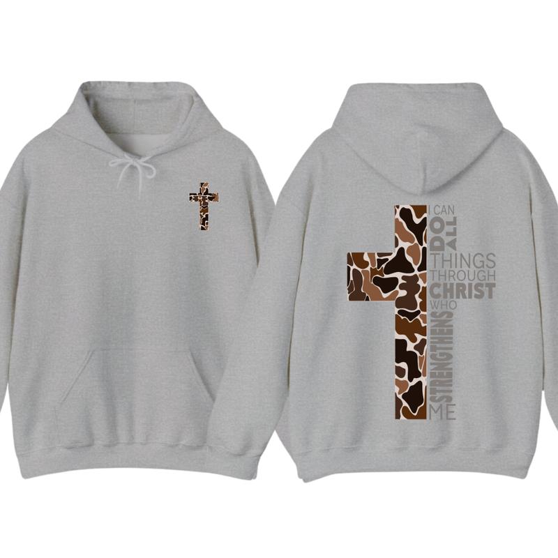 Christian Hoodie - Camo Cross Design with Philippians 413 Verse, Perfect for Faithful Believers and Outdoorsmen, unisex