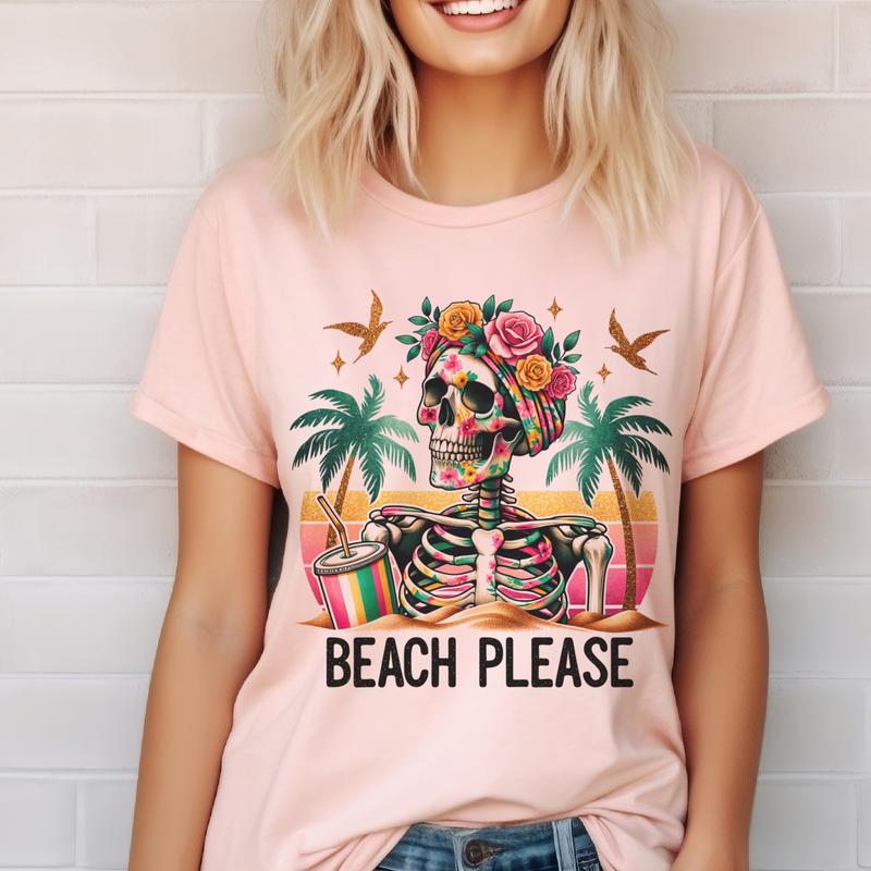 Beach Tshirts Summer Skull T-Shirts Beach Skeleton Tees Skull Floral Tshirts Beach Please Skull Tee Womens Summer Vacation Rocker Tshirts F