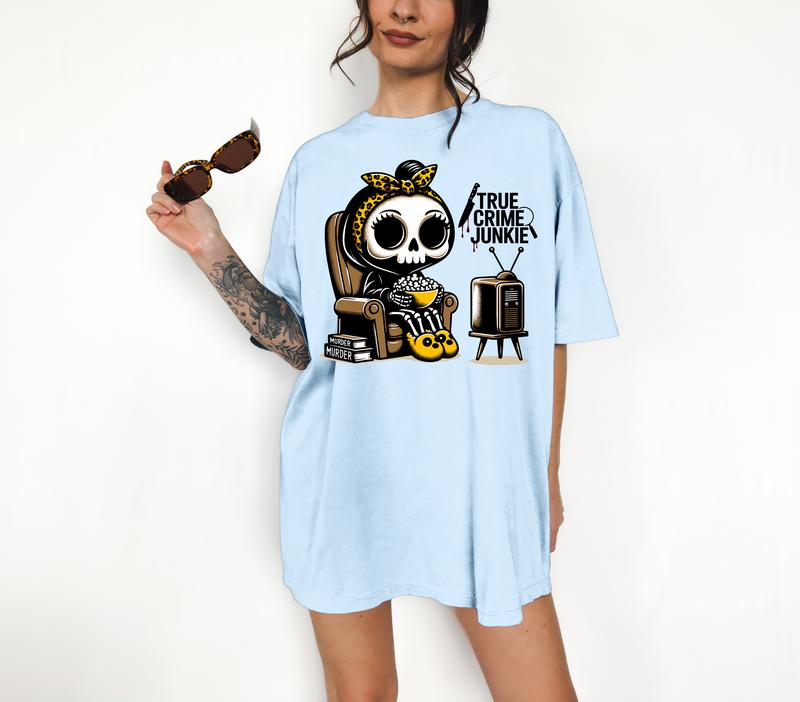 True Crime Junkie - T-Shirt, Cute Skeleton, Bright Graphic, Funny Apparel, Gift Idea, Relaxed Fit, Casual Apparel, Cute Top, Great with Jeans, All Sea