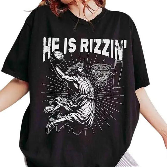 Retro He Is Rizzin' T-Shirt, Funny Jesus T-Shirt, Humor Easter T-Shirt, Christian East Cotton Fabric