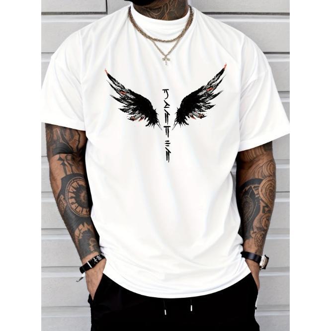 Mens Bold Wings Print T-shirt - Lightweight & Breathable, Casual Short Sleeve Crew Neck - Perfect Summer Outdoor Clothing for Stylish AdventuresMade i
