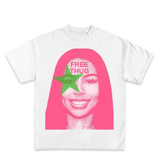 Free Thug Pink Star Green Tee Classic Cotton