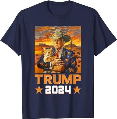 Western Cowboy Trump 2024 And Cat Patriotic 4th of July T-Shirt