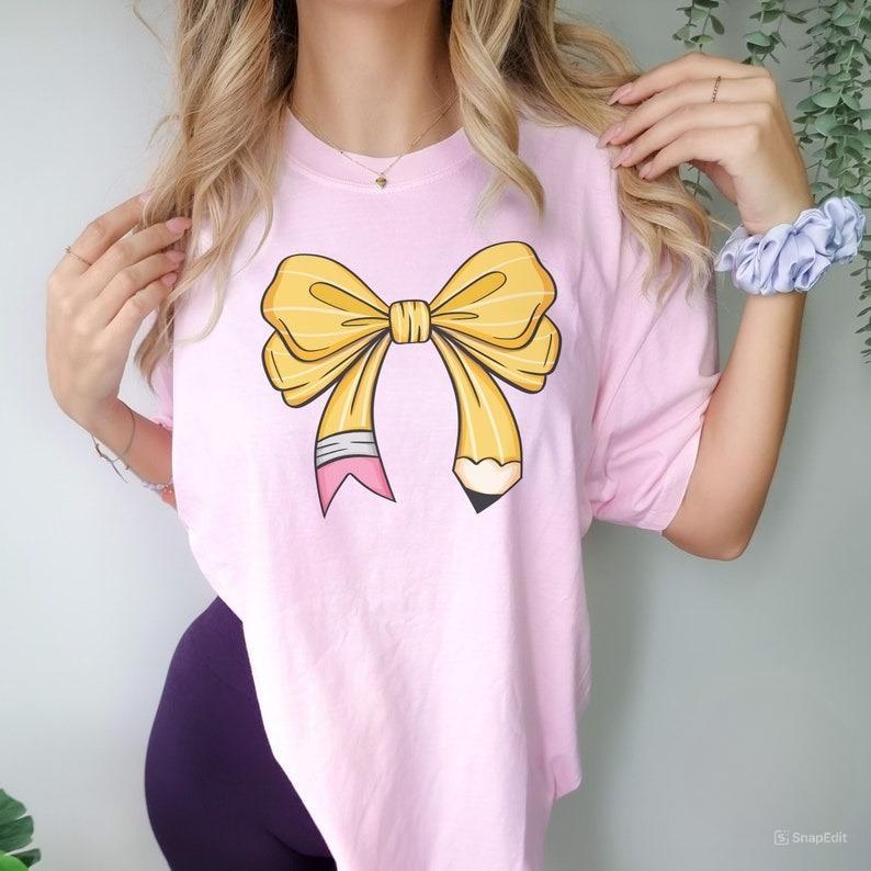 Coquette Teacher Shirt, Coquette Pencil Bow T-Shirt Sweatshirt, Back to School Tee, Appreciation Gift, Elementary Teacher Gift,  Full Color, Printed I