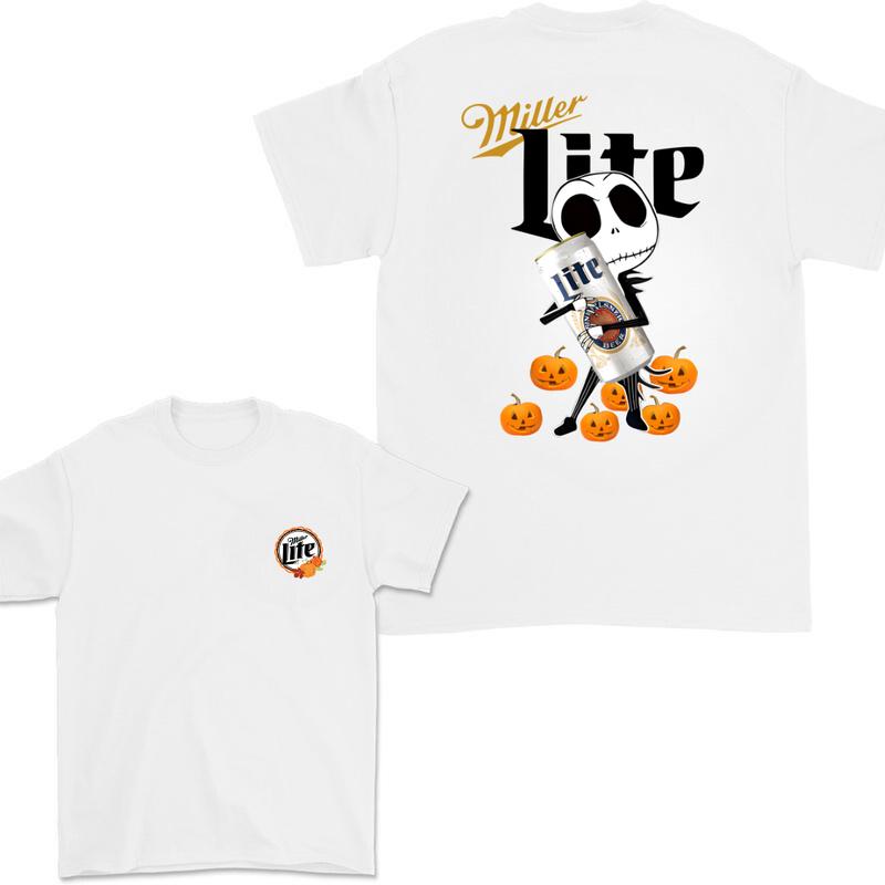 Jack Hug Miller Lite Skellington Halloween 2 Sides T-shirt, Skeleton Miller Lite T-shirt Full Color, Miller Lite Halloween T-shirt For Men And Women