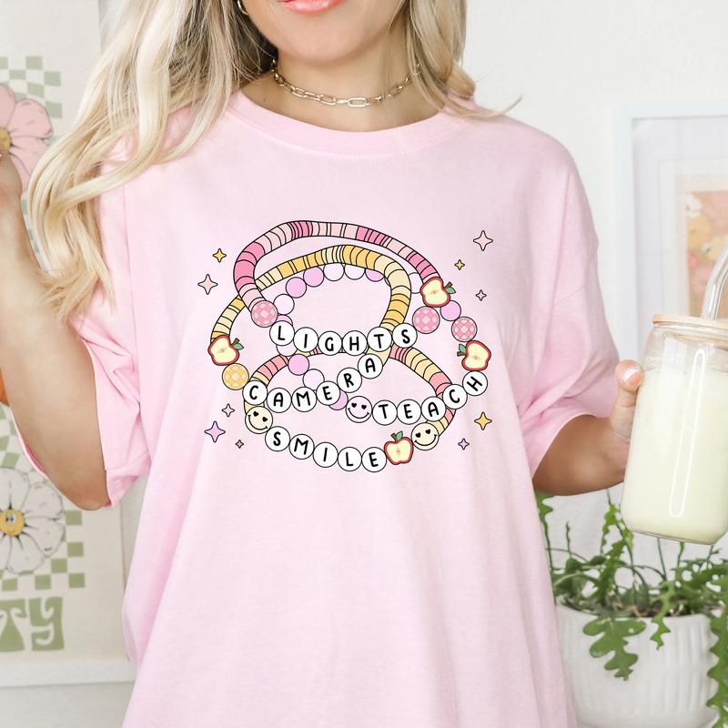 Lights Camera Teach Smile, Teacher Shirt, Back To School Clothing, Groovy Teacher Shirt, Teacher Friendship Bracelet Shirt, First Day Of School, Teach