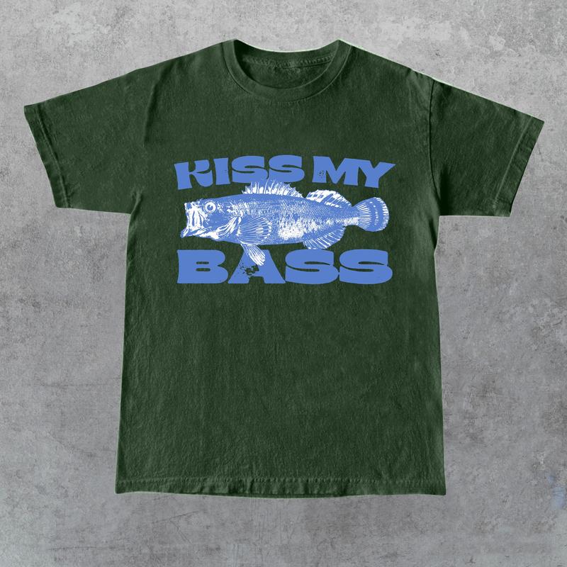 Kiss My Bass Vintage Style Fishing T-Shirt, Retro Fisher T Shirt, Fisher Gear, Fisher Graphic Shirt, Adult Unisex Relaxed Cotton Shirt Tops