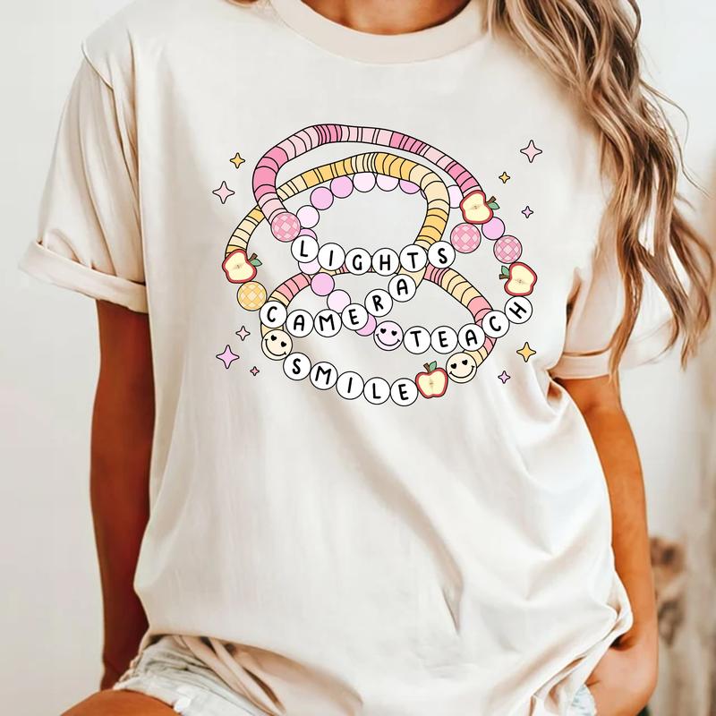 Lights Camera Teach Smile, Teacher Shirt, Back To School Clothing, Groovy Teacher Shirt, Teacher Friendship Bracelet Shirt, First Day Of School, Teach