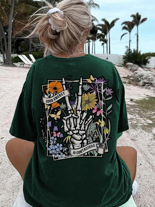 Women's Letter & Skull Print Drop Shoulder Tee,Â Back To School Outfits, Casual Round Neck Half Sleeve T-Shirt for Daily Vacation Outdoor, Ladies Summe